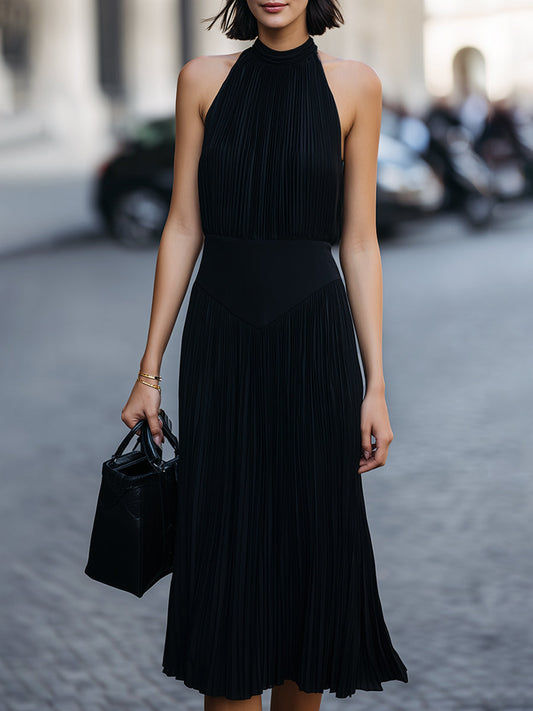 Pleated Halter Neck Midi Dress - Clova Women's Fashion