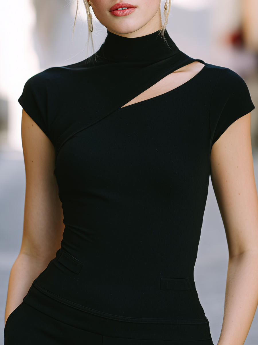 Asymmetric Cutout High-Neck Fitted T-Shirt - Clova Women's Fashion