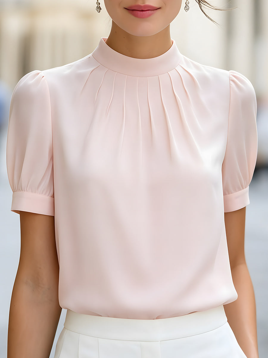 High-Neck Pleated Puff Sleeve Blouse - Clova Women's Fashion