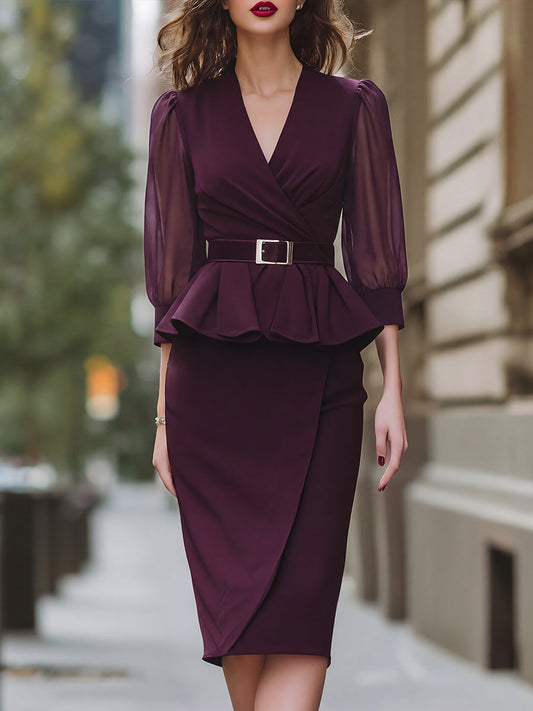 Belted Peplum Wrap Blouse & Asymmetric Pencil Skirt Set - Clova Women's Fashion