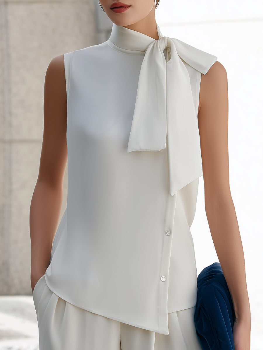 Sleeveless Asymmetric Hem Tie-Neck Blouse - Clova Women's Fashion