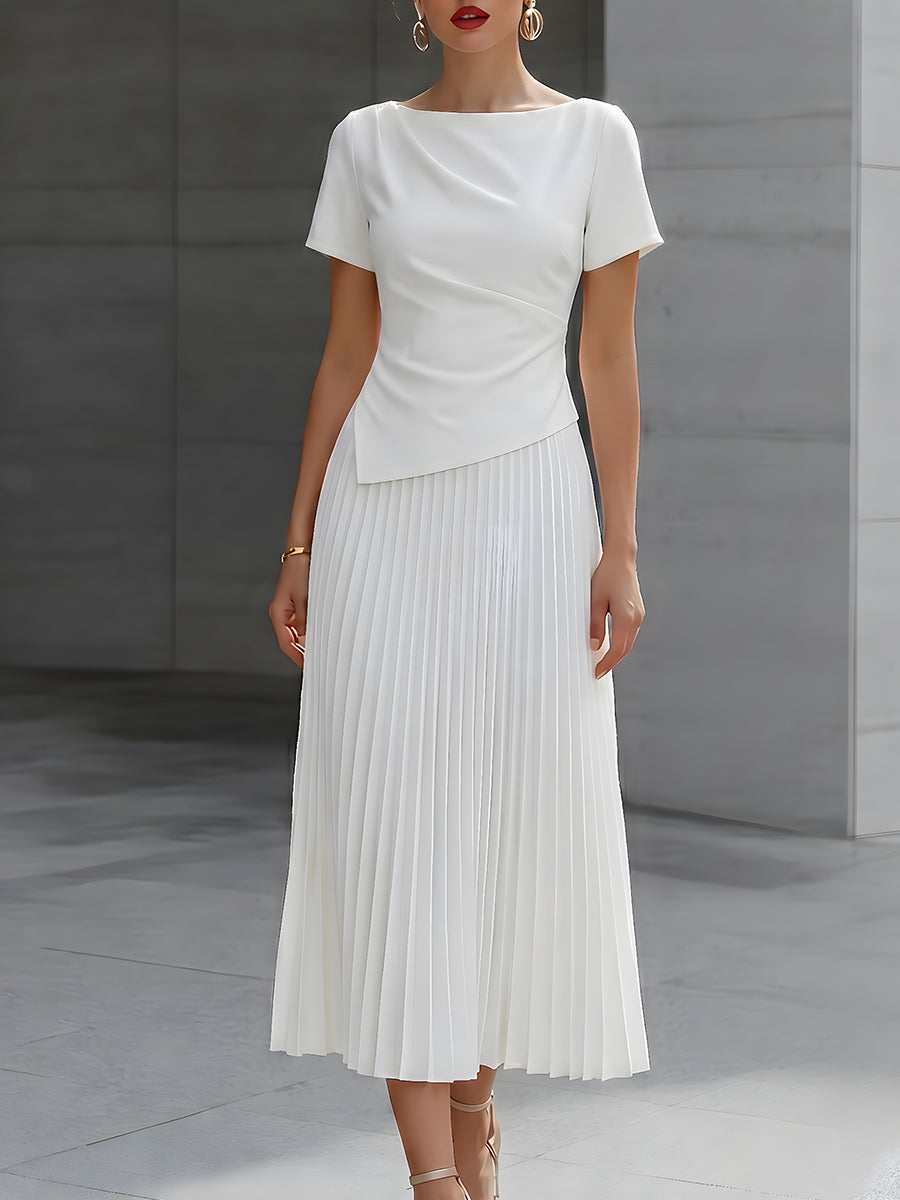 Asymmetric Draped Top And Pleated Midi Skirt Set - Clova Women's Fashion