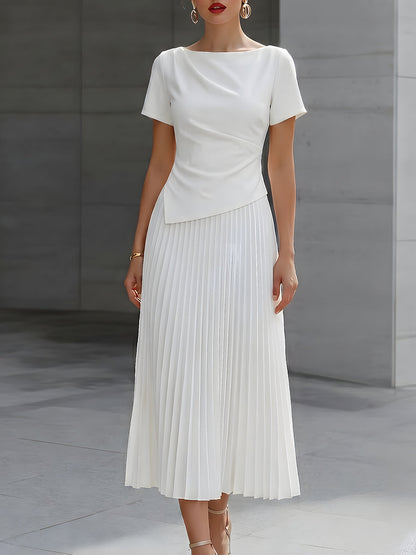 Asymmetric Draped Top And Pleated Midi Skirt Set - Clova Women's Fashion
