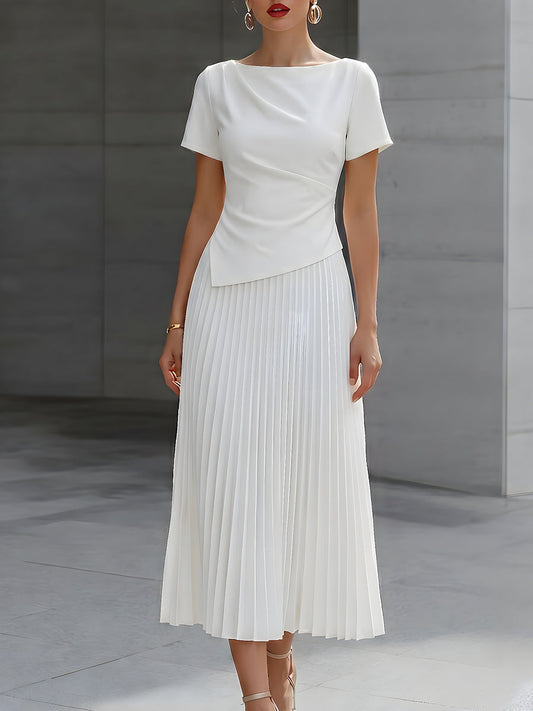 Asymmetric Draped Top And Pleated Midi Skirt Set - Clova Women's Fashion