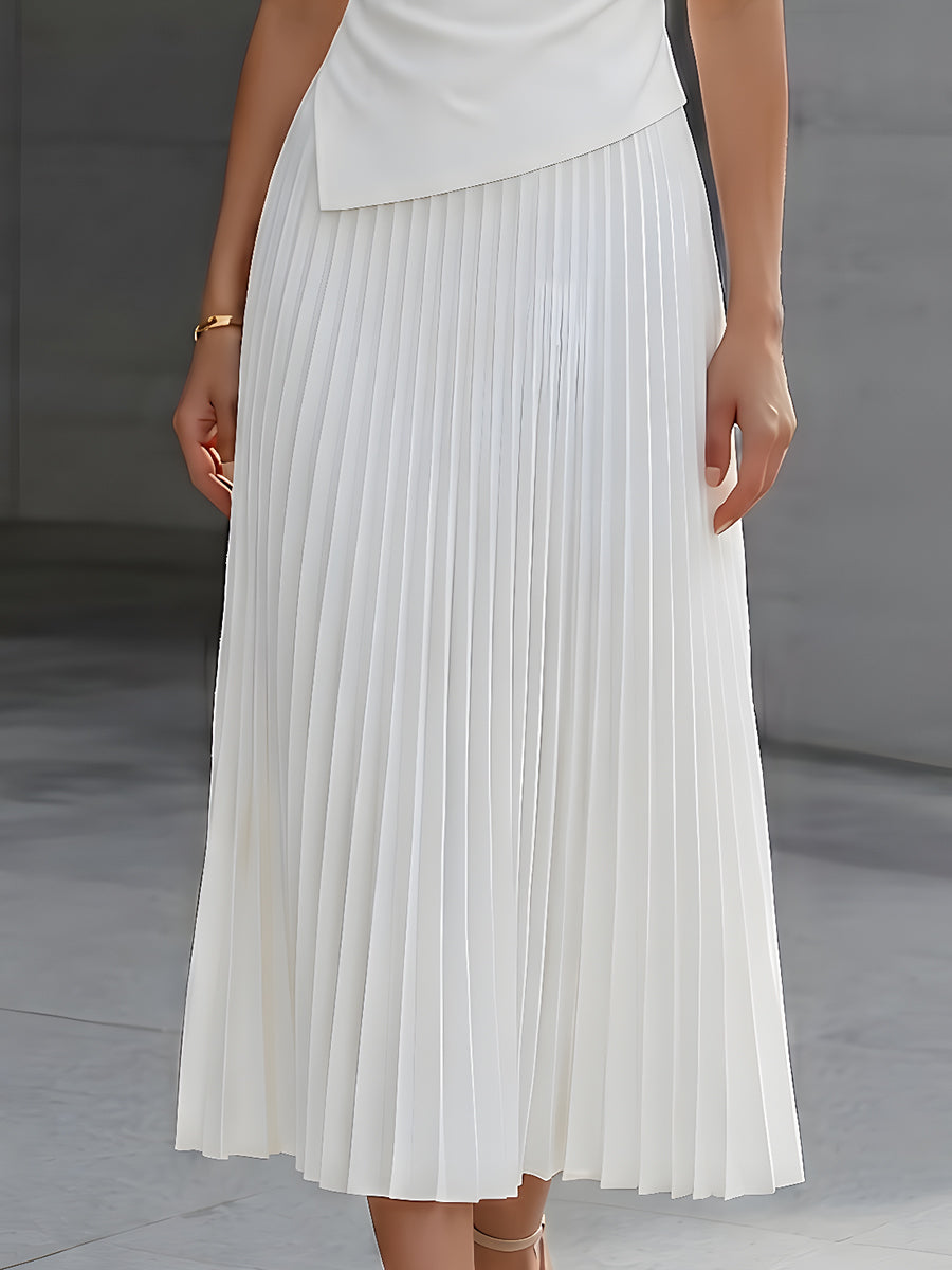 Asymmetric Draped Top And Pleated Midi Skirt Set - Style View 3 | Clova