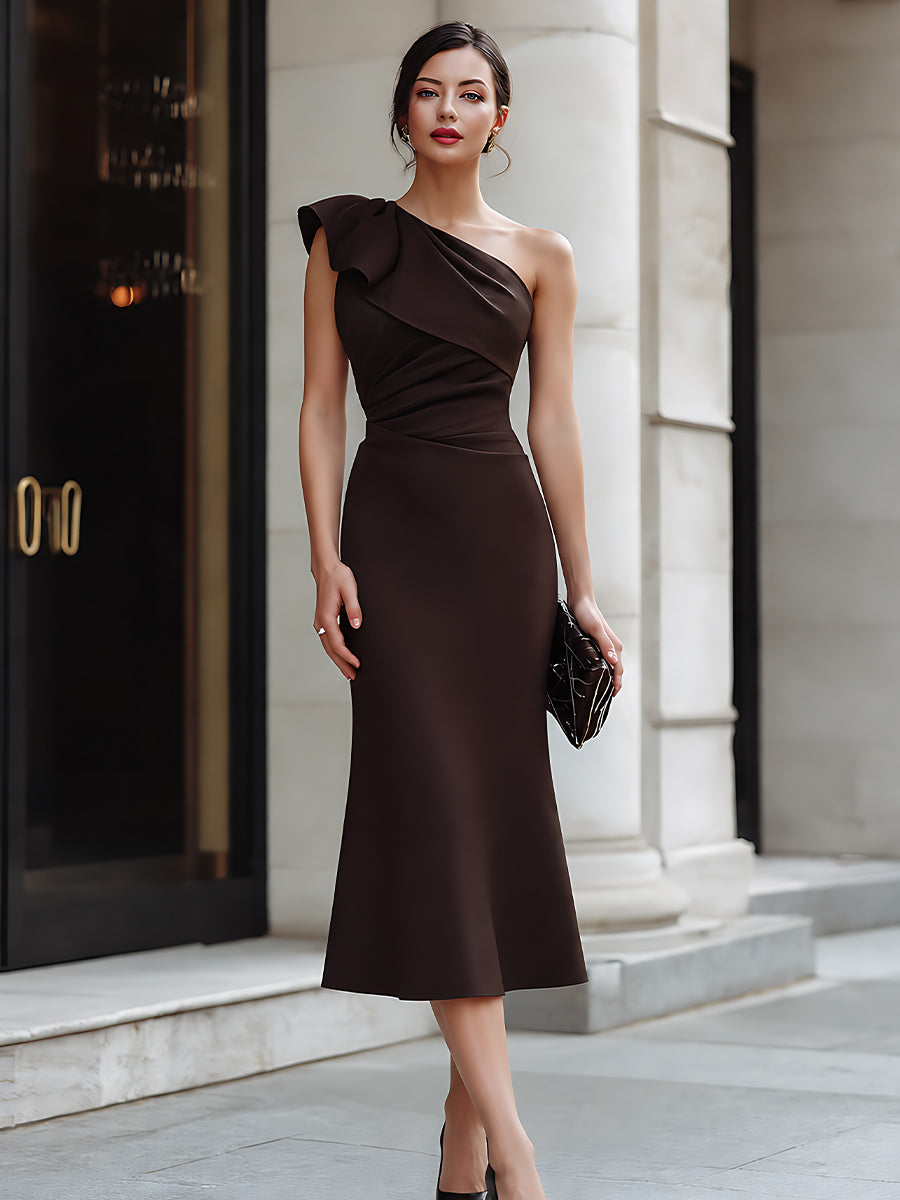 Structured One-Shoulder Draped Ruffle Accent Midi Dress - Style View 2 | Clova