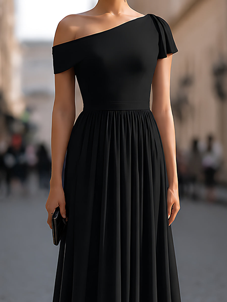 Structured One-Shoulder Pleated Waist Maxi Dress - Style View 3 | Clova