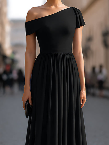 Structured One-Shoulder Pleated Waist Maxi Dress - Style View 3 | Clova