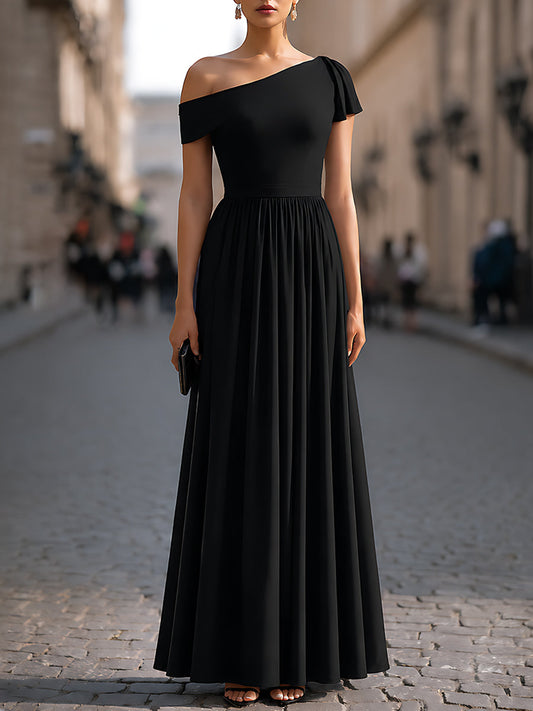 Structured One-Shoulder Pleated Waist Maxi Dress - Clova Women's Fashion