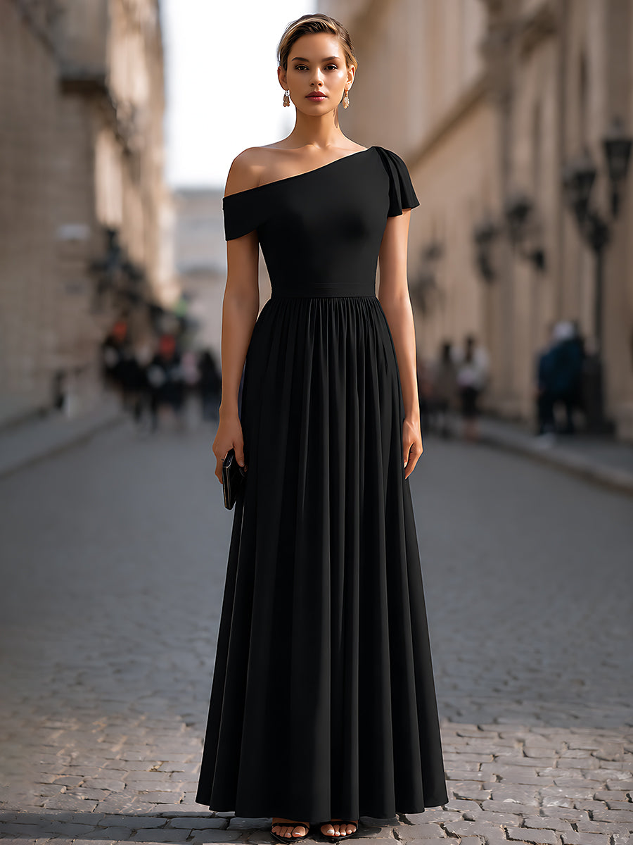 Structured One-Shoulder Pleated Waist Maxi Dress - Style View 2 | Clova