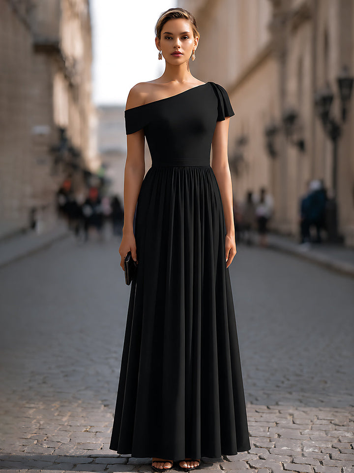 Structured One-Shoulder Pleated Waist Maxi Dress - Style View 2 | Clova