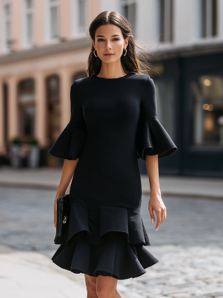 Structured Bell Sleeve Tiered Ruffle Hem Midi Dress - Style View 2 | Clova