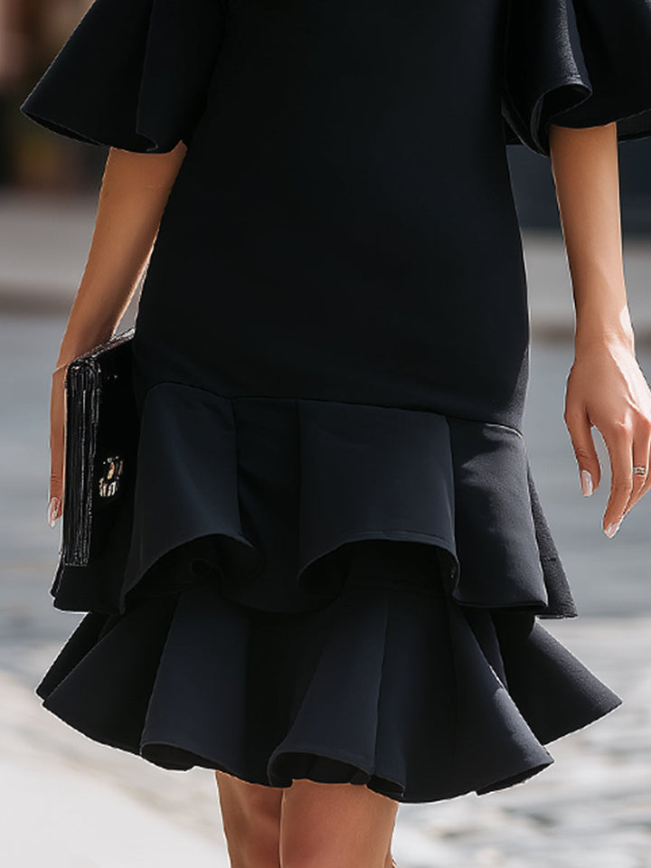 Structured Bell Sleeve Tiered Ruffle Hem Midi Dress - Style View 4 | Clova