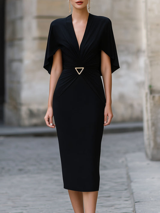 Draped Cape Sleeve Waist-Accent Midi Dress - Clova Women's Fashion