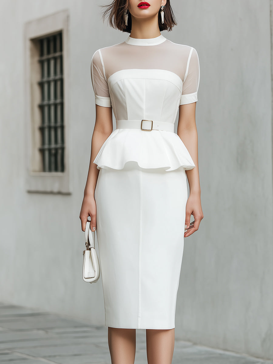 Sheer Mesh Peplum Top And Pencil Skirt Set - Clova Women's Fashion