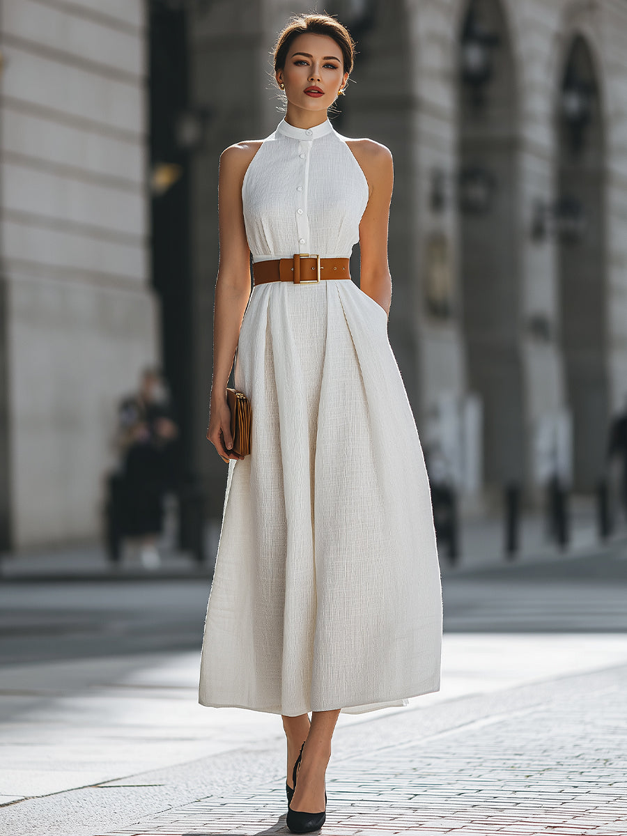 Structured Halter Neck Button-Front Pleated Midi Dress - Style View 2 | Clova