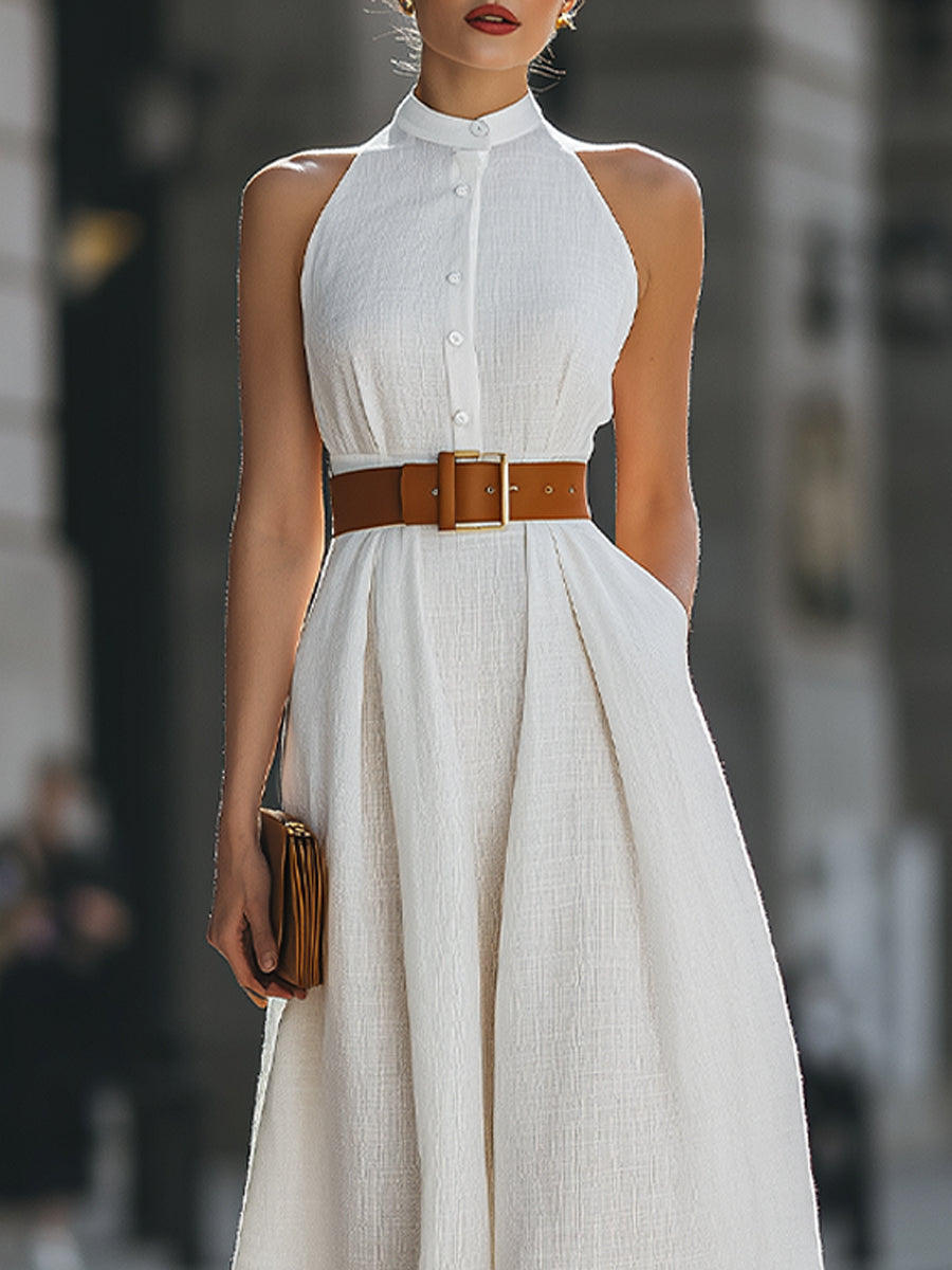 Structured Halter Neck Button-Front Pleated Midi Dress - Style View 3 | Clova