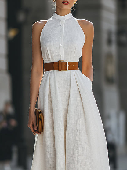 Structured Halter Neck Button-Front Pleated Midi Dress - Style View 3 | Clova