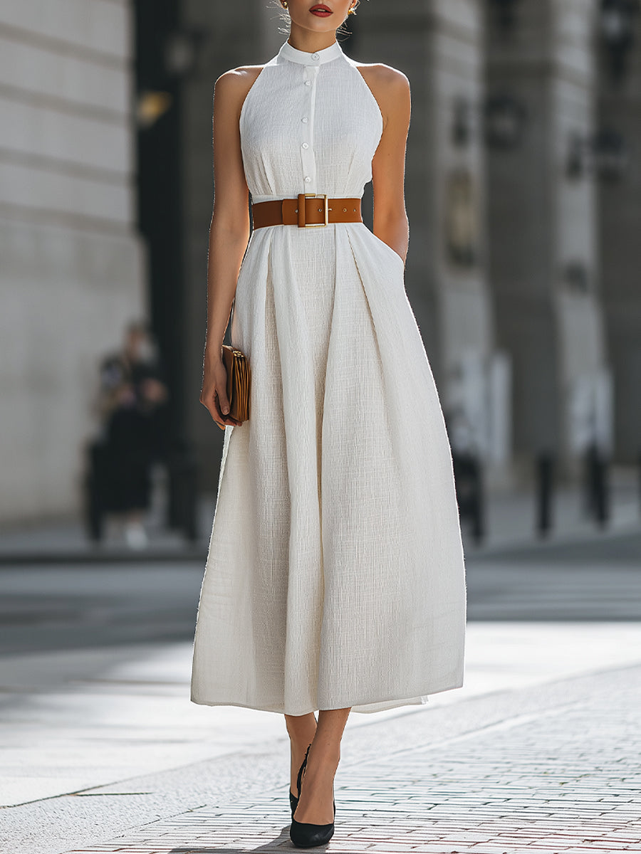 Structured Halter Neck Button-Front Pleated Midi Dress - Clova Women's Fashion
