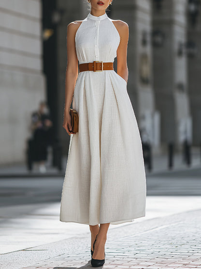 Structured Halter Neck Button-Front Pleated Midi Dress - Clova Women's Fashion