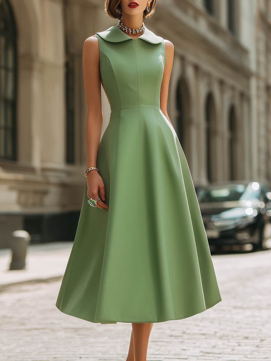 Elegant Sleeveless Peter Pan Collar A-Line Midi Dress - Clova Women's Fashion