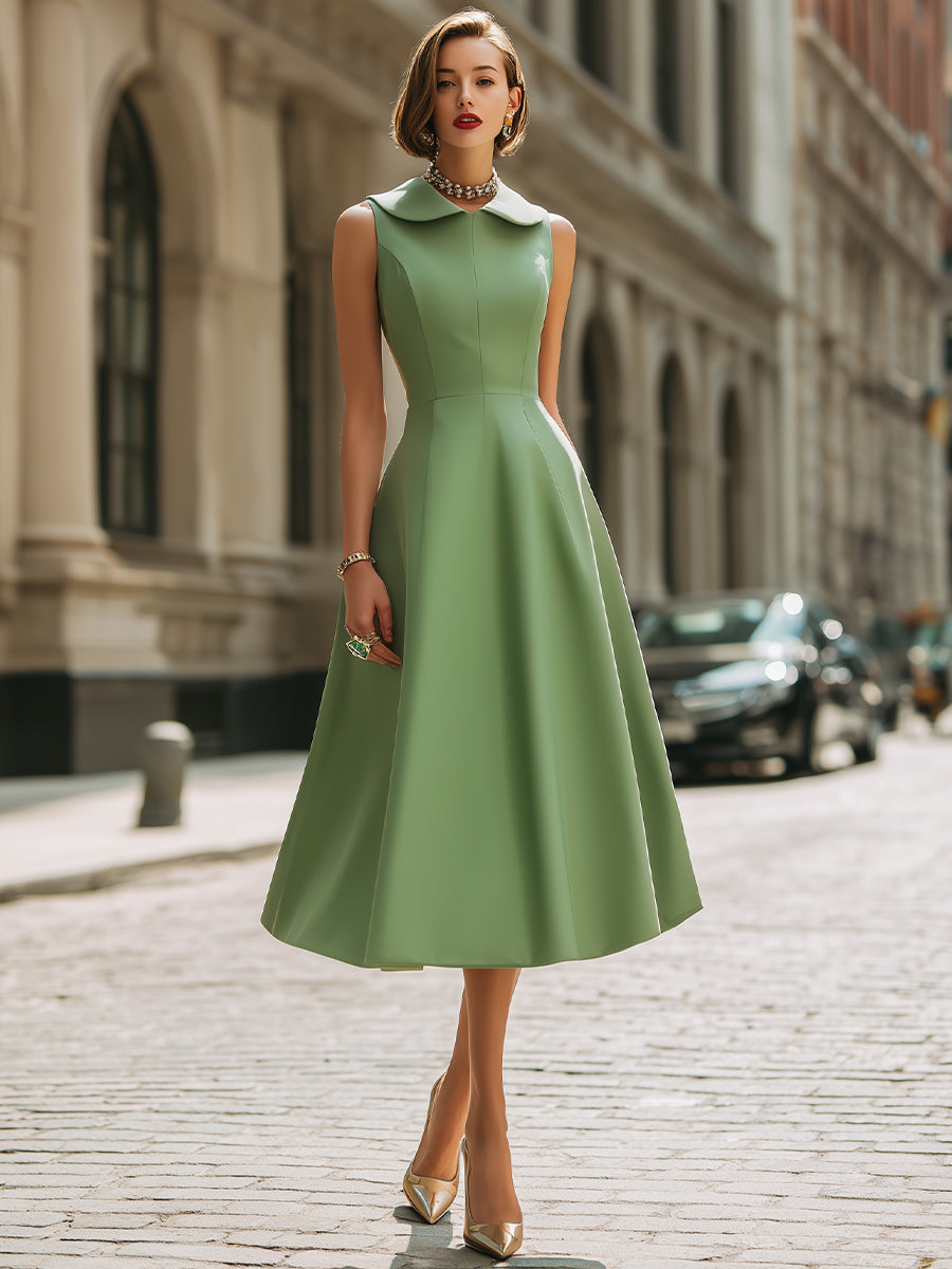 Elegant Sleeveless Peter Pan Collar A-Line Midi Dress - Style View 2 | Clova