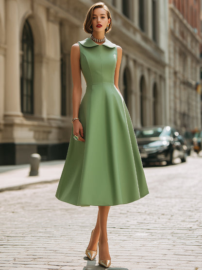 Elegant Sleeveless Peter Pan Collar A-Line Midi Dress - Style View 2 | Clova