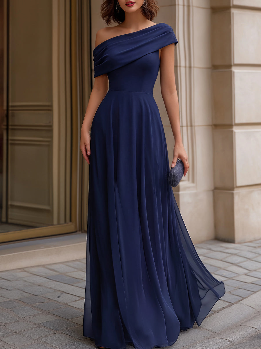 Off-Shoulder Draped Chiffon Evening Maxi Dress - Clova Women's Fashion