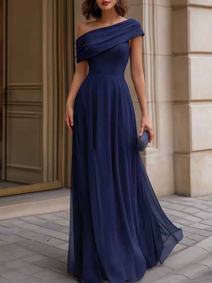 Off-Shoulder Draped Chiffon Evening Maxi Dress - Clova Women's Fashion