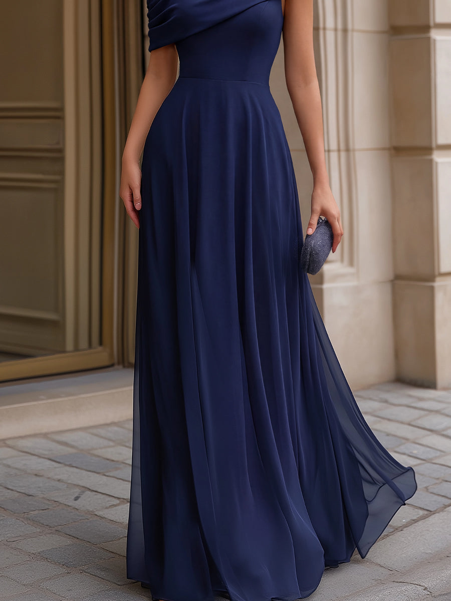 Off-Shoulder Draped Chiffon Evening Maxi Dress - Style View 3 | Clova