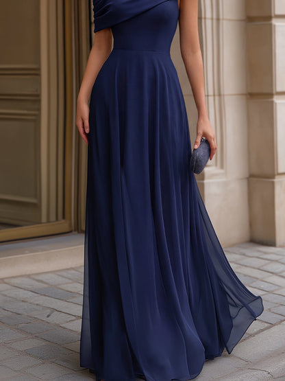 Off-Shoulder Draped Chiffon Evening Maxi Dress - Style View 3 | Clova