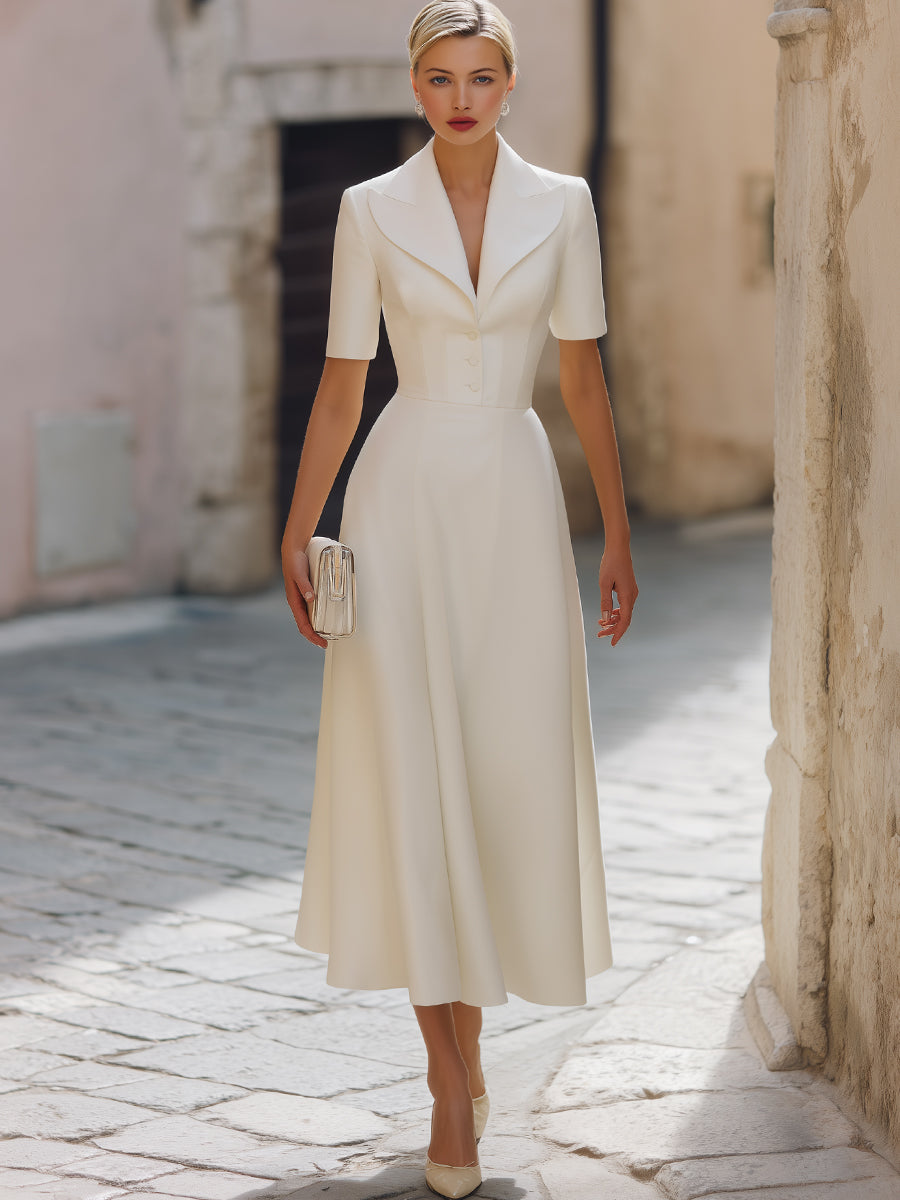 Tailored Notched Collar Button-Detail Midi Dress - Style View 2 | Clova