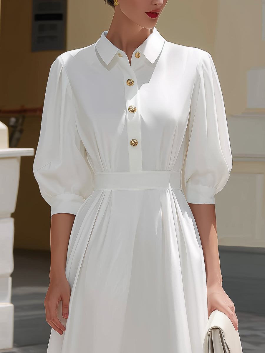 Elegant Puff Sleeve Button-Front Midi Shirt Dress - Style View 2 | Clova