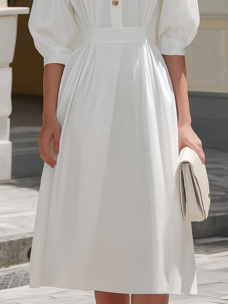Elegant Puff Sleeve Button-Front Midi Shirt Dress - Style View 3 | Clova