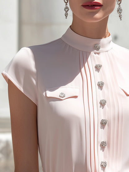 Pleated Mock Neck Button-Detail Cap Sleeve Blouse - Style View 2 | Clova