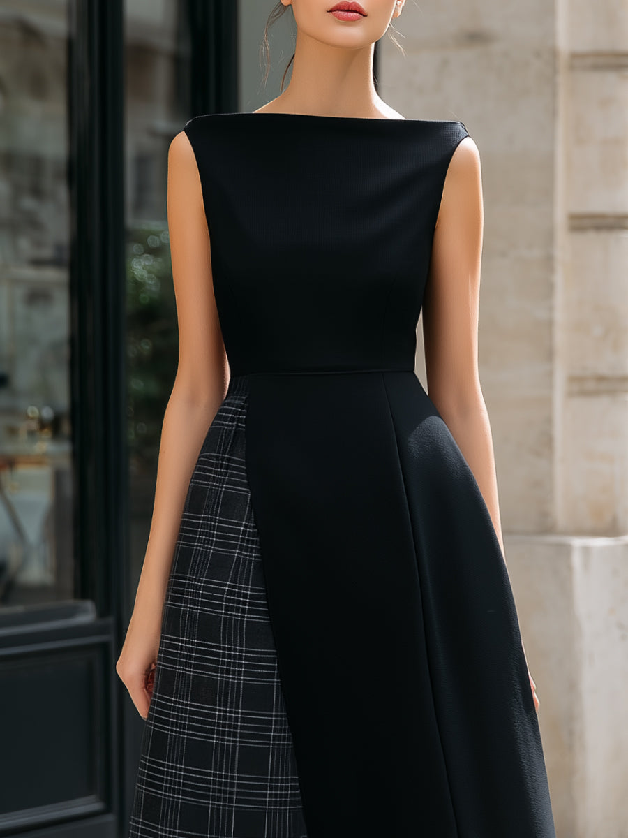 Asymmetric Plaid Panel Sleeveless Midi Dress - Style View 2 | Clova