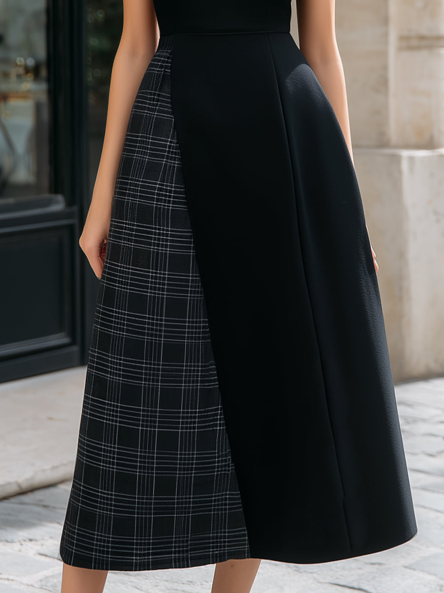 Asymmetric Plaid Panel Sleeveless Midi Dress - Style View 3 | Clova