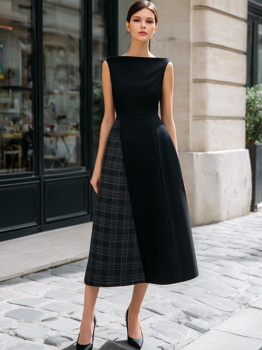 Asymmetric Plaid Panel Sleeveless Midi Dress - Style View 4 | Clova