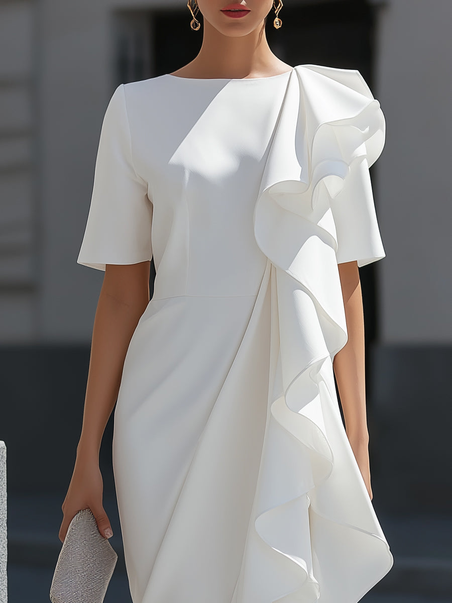 Asymmetric Ruffle Cascade Draped Midi Dress - Style View 3 | Clova