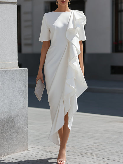 Asymmetric Ruffle Cascade Draped Midi Dress - Clova Women's Fashion