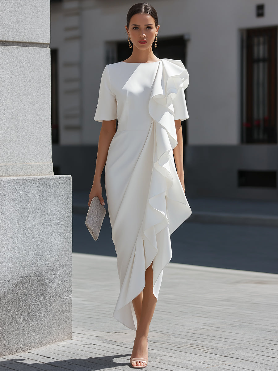 Asymmetric Ruffle Cascade Draped Midi Dress - Style View 2 | Clova