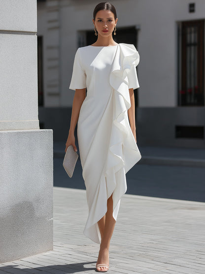 Asymmetric Ruffle Cascade Draped Midi Dress - Style View 2 | Clova