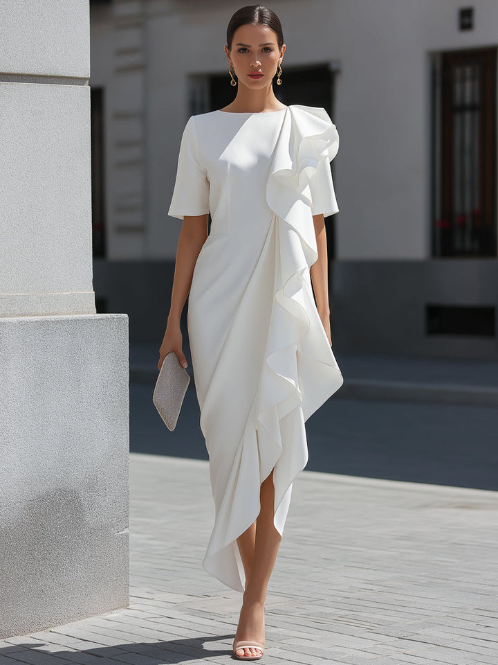 Asymmetric Ruffle Cascade Draped Midi Dress - Style View 2 | Clova