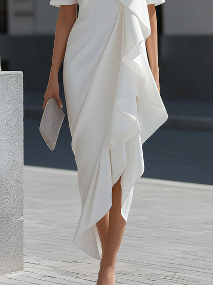 Asymmetric Ruffle Cascade Draped Midi Dress - Style View 4 | Clova