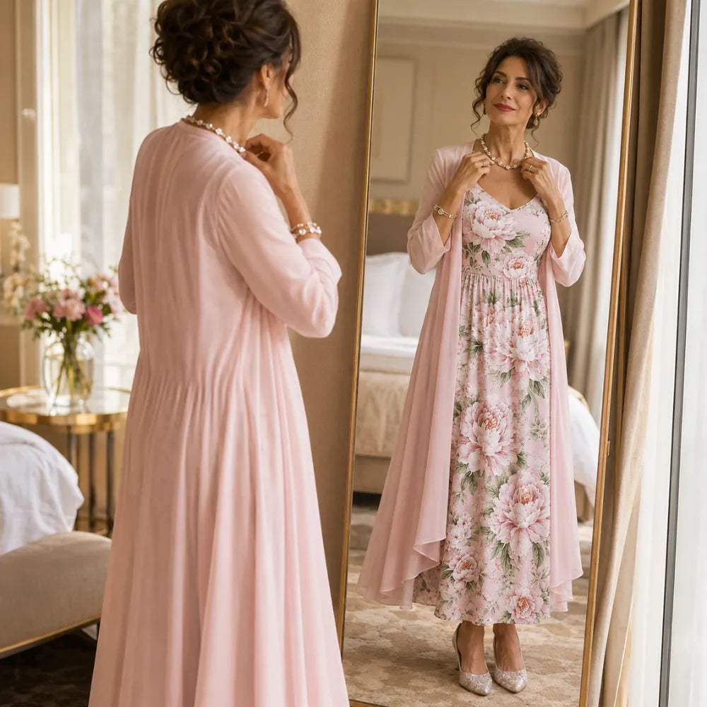 Two-Piece Floral Maxi Dress with Sheer Duster