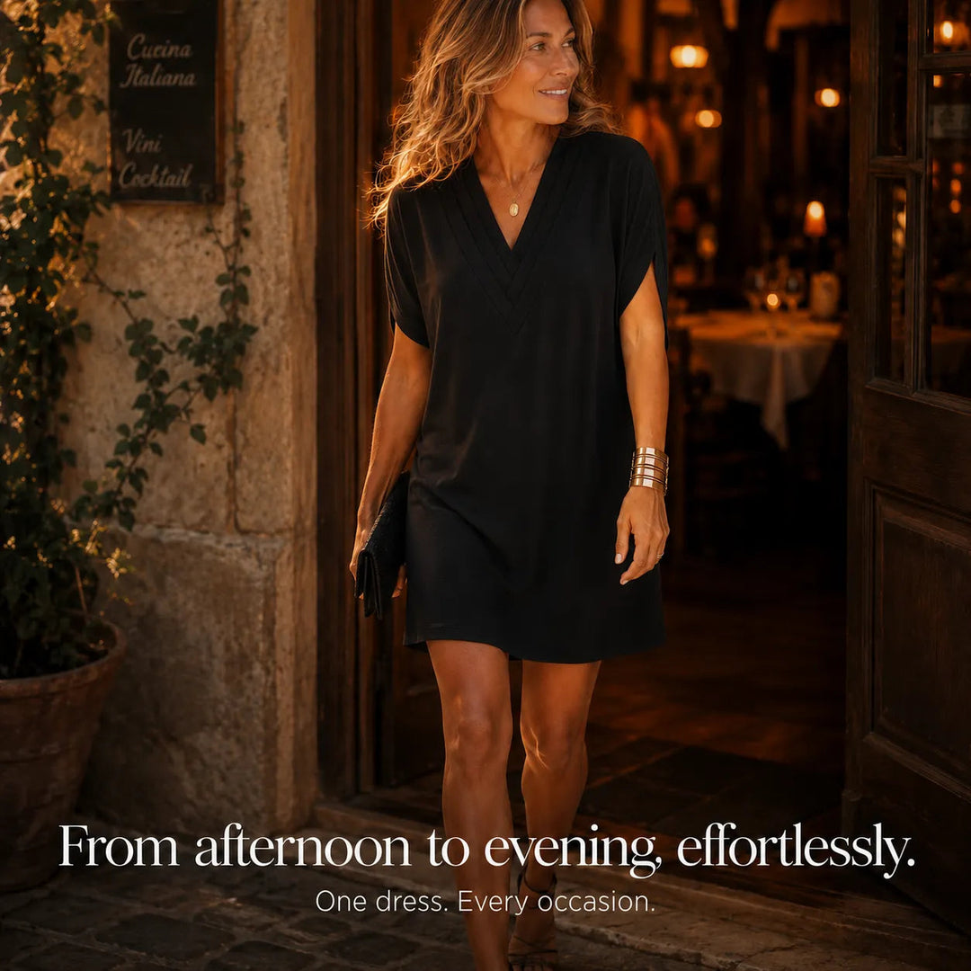 Pleated V-Neck Soft-Drape Shift Dress