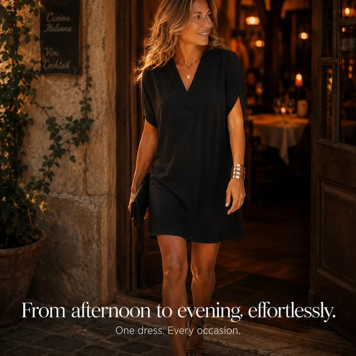 Pleated V-Neck Soft-Drape Shift Dress