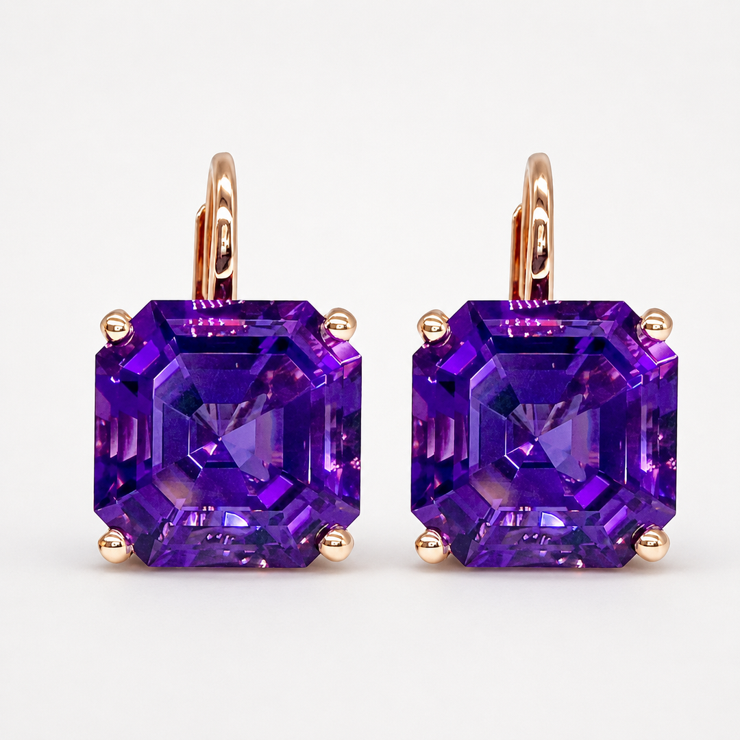 Amethyst purple drop earrings, gold finish