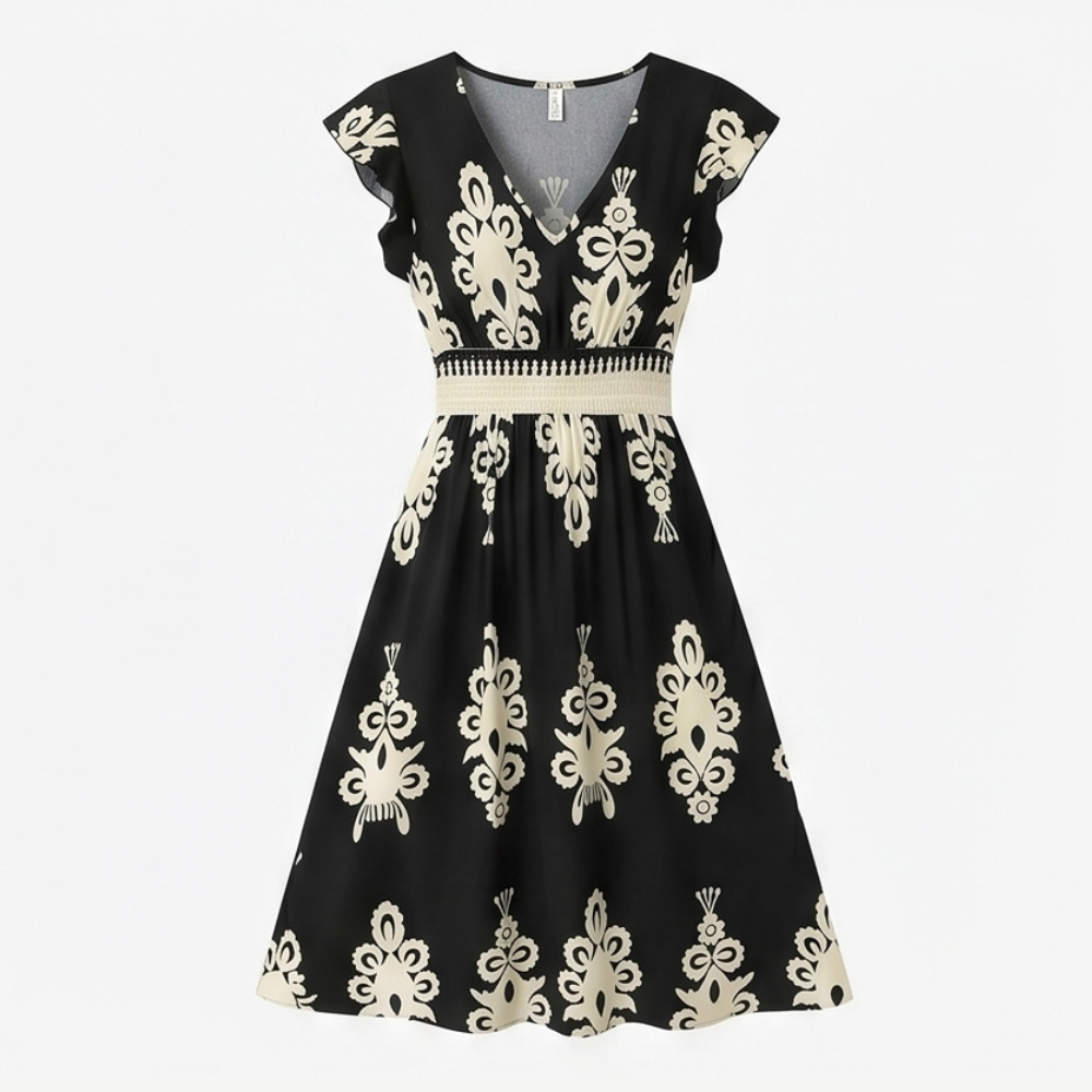Damask Print Midi Dress with V-Neck — View 11 | Clova