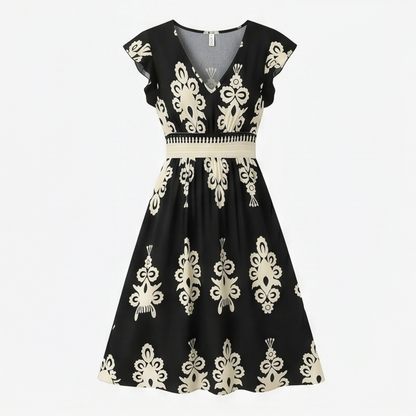 Damask Print Midi Dress with V-Neck — View 11 | Clova